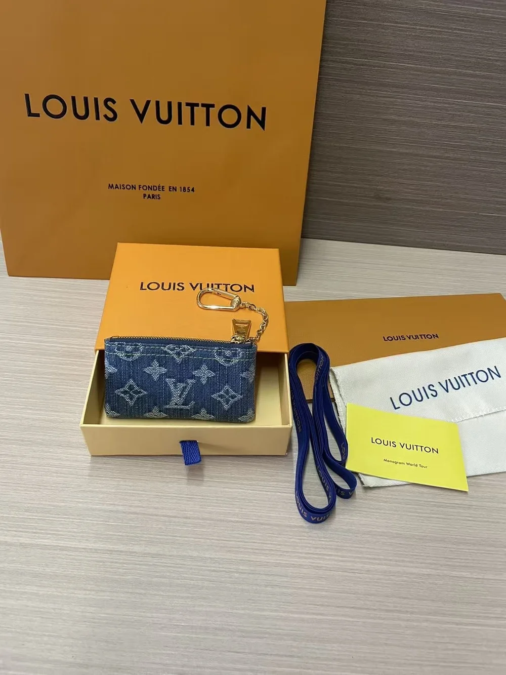 Louis Vuitton Blue Monogram Denim Key & Card Holder with Gold Chain